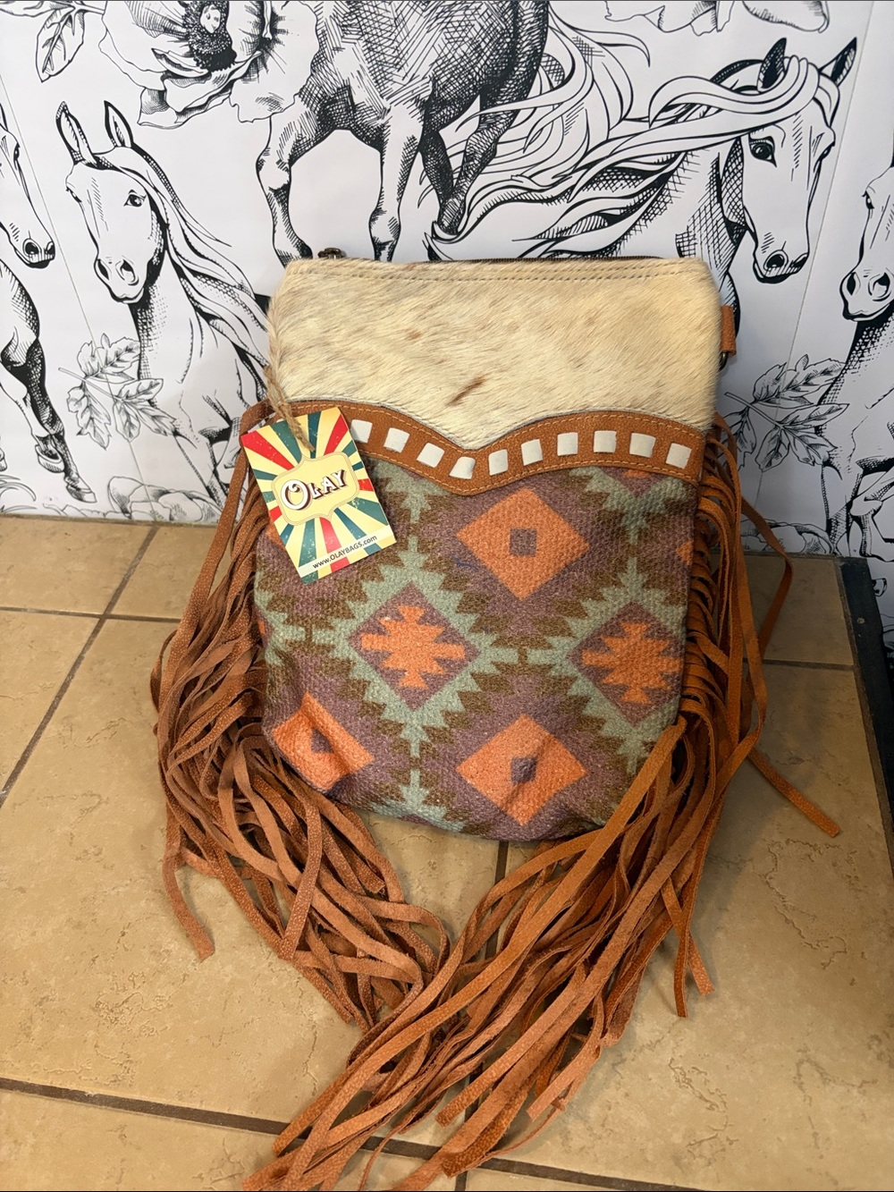OLAY Southwestern Fringe Crossbody Bag in Tan, Cream, and Green